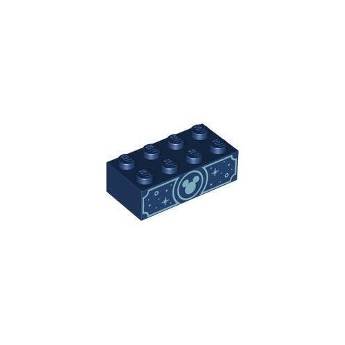 Sötétkék LEGO Kocka 2 x 4 fémes világoskék Mickey Egér fejjel, körökkel és csillámokkal mindkét oldalon